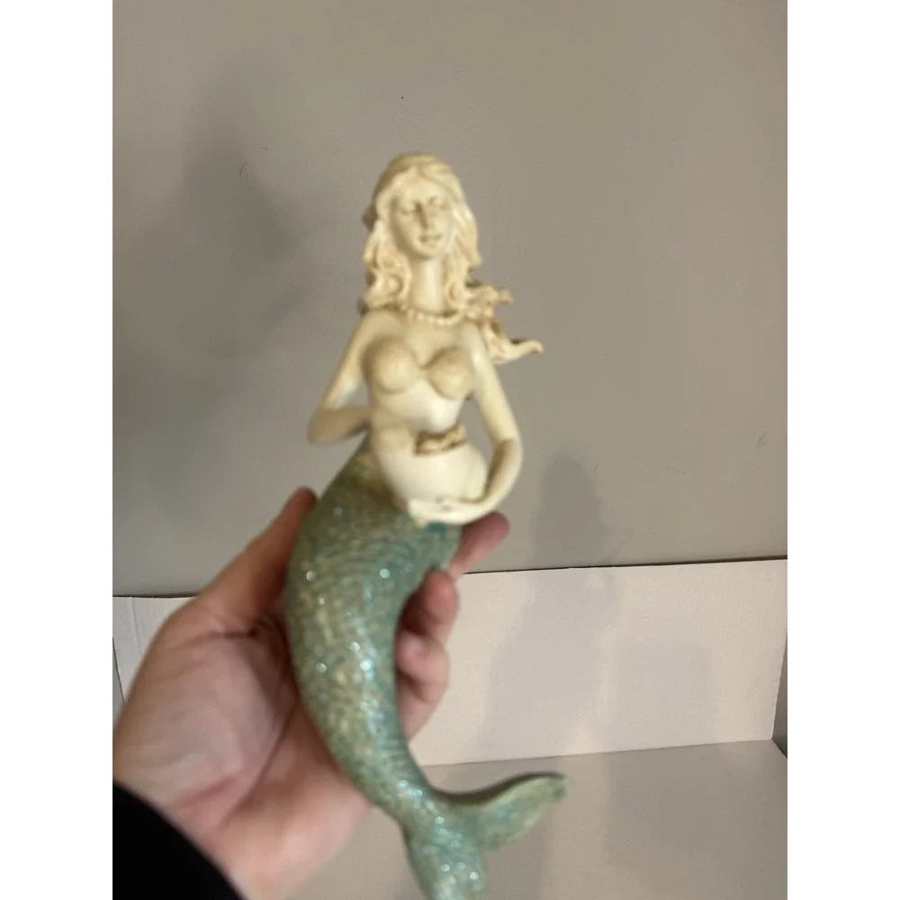 Fantasy Mermaid Collectible Figurine Statue w/ Bowl Seashell Bra Green Tail